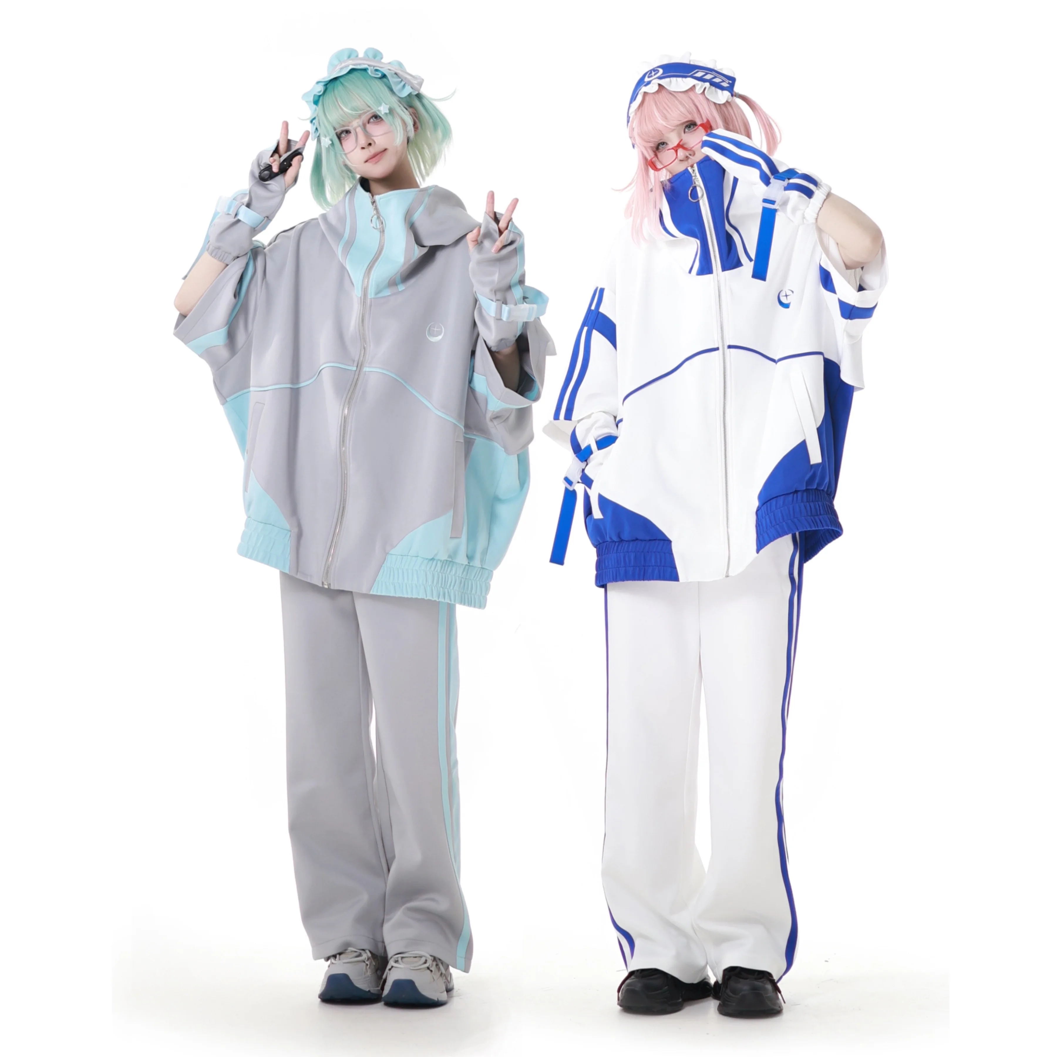 

Japanese 2D Subculture Cos Sports Sets Colorblock Mid-long Hooded Jacket Loose Zip Cardigans Coat Sweet Girl Cool Shorts Pants
