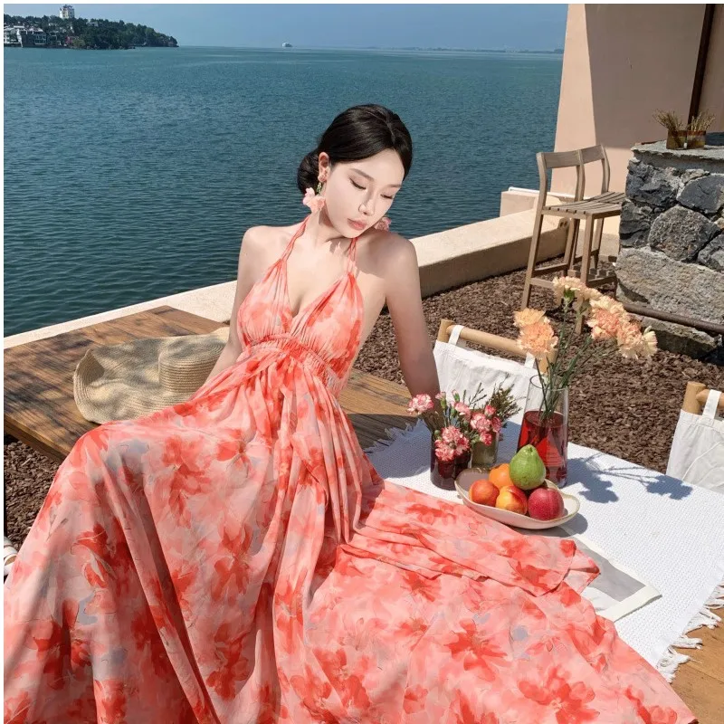 Falda grande de estilo bohemio, vestido de vacaciones junto al mar con estampado de flores, vestido con cuello en V para mujer, vestido largo de playa de verano 2025