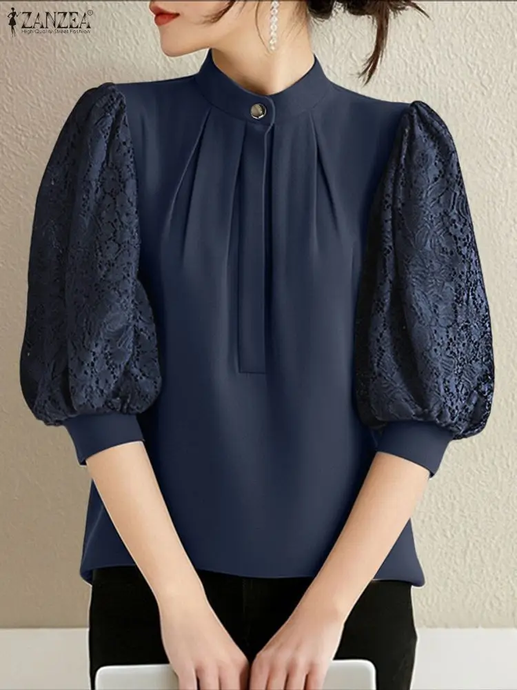 Koszula ZANZEA na lato 2025 z koronkowymi wstawkami, elegancka bluzka damska do biura ze stójką, rękaw 3/4, luźna tunika, koszula do pracy, chemise mujer