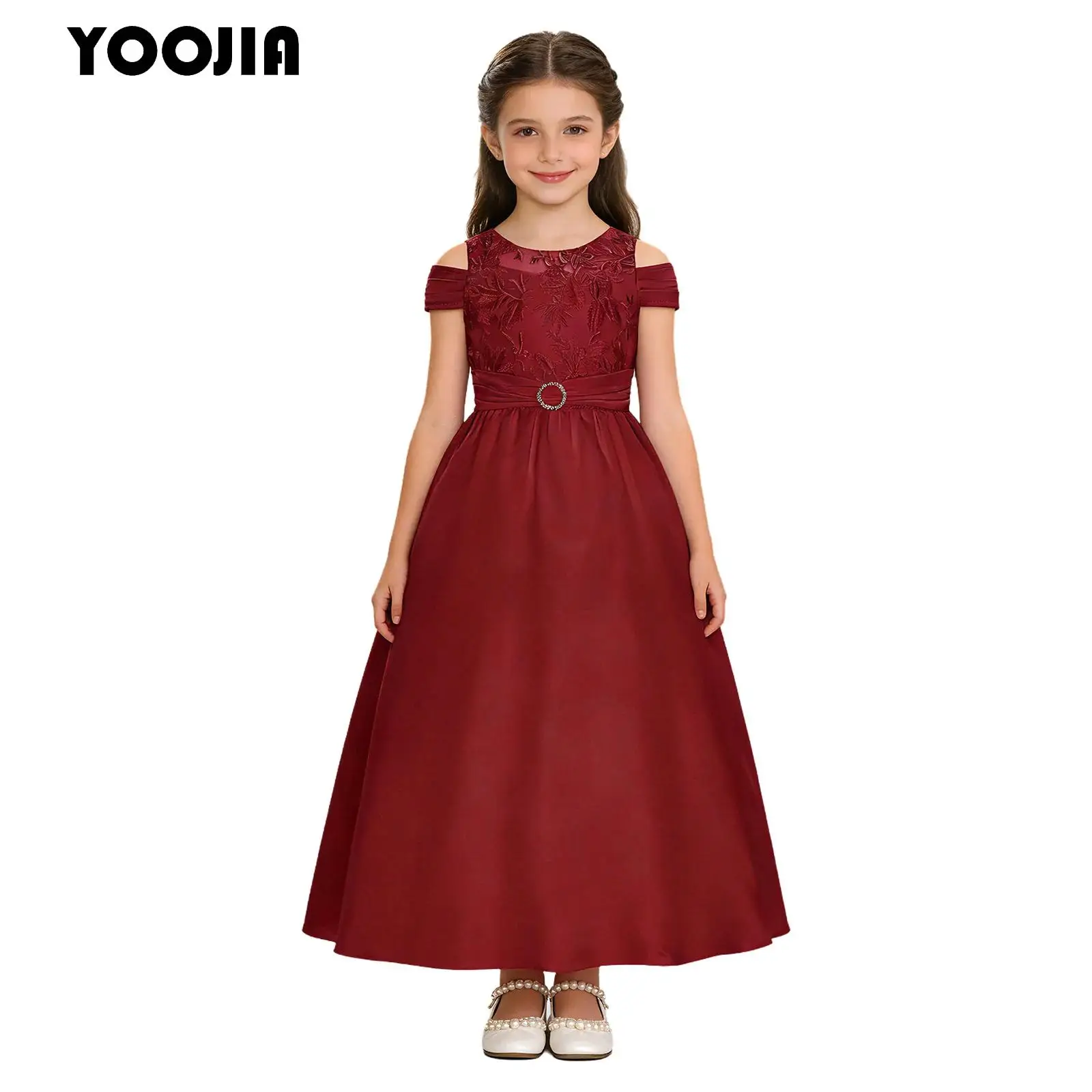 

Kids Girls Cold Shoulder Rhinestone Wedding A-line Dress Embroidered Lace Puff Princess Long Dress Birthday Pageant Party Gowns