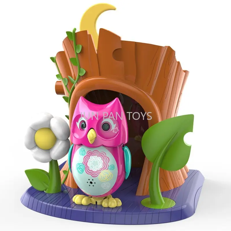 DigiOwls Giocattolo con Occhi Scintillanti e Tronco dell'Albero Casa Pinguino Giocattolo Animale Domestico Elettronico Giocattoli Interattivi per Bambini Giocattoli Canto