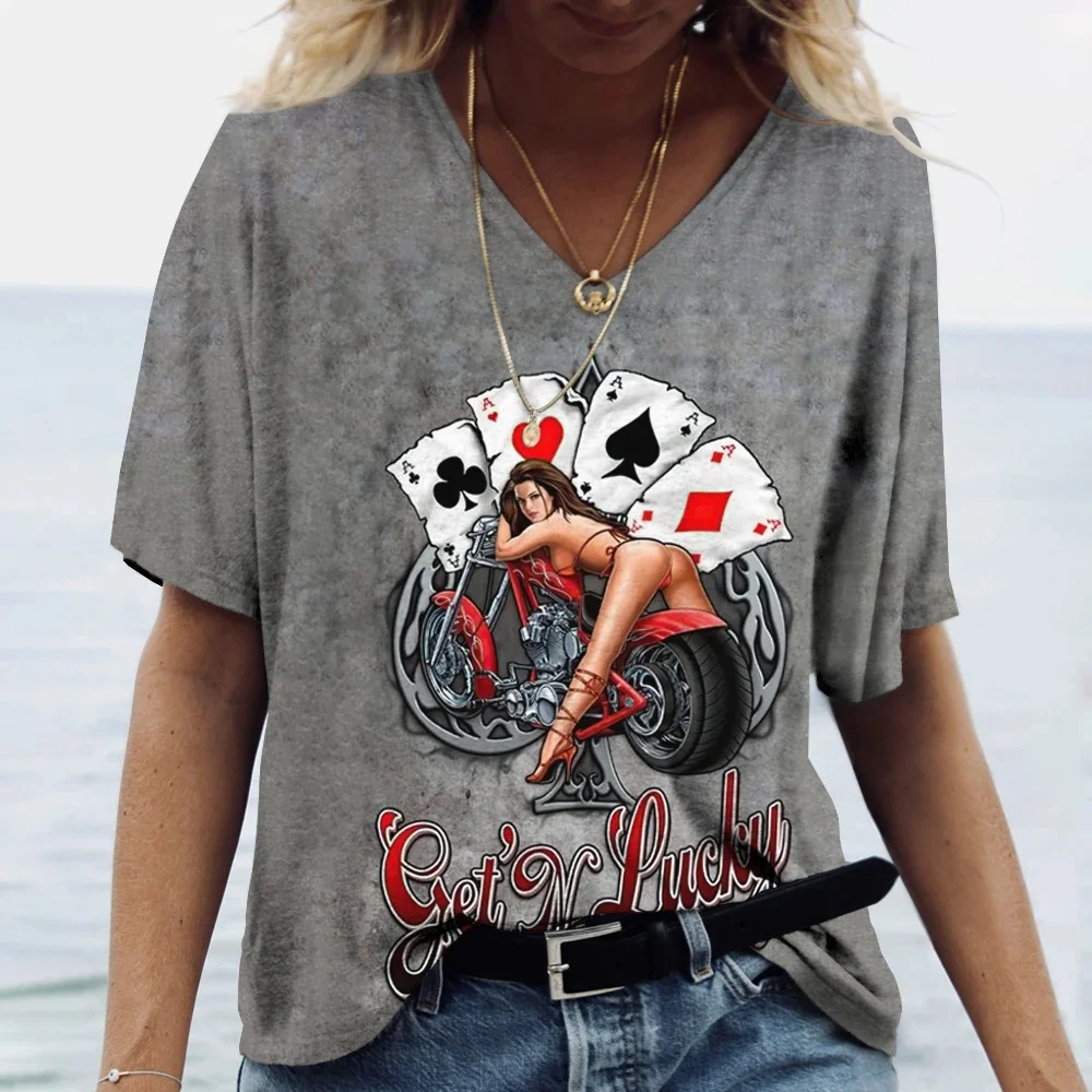 2025 New Women's Fashion Tops 66 American Flag Road Car 3D Printed t-Shirt Summer Street Fashion Personalized V-Neck Casual