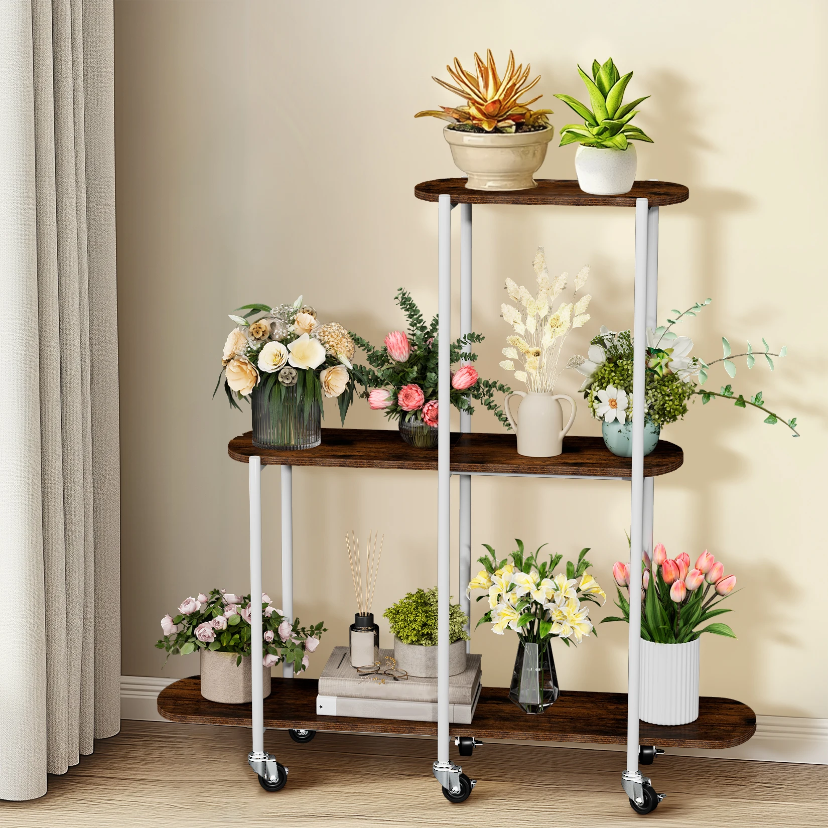 

3 Tiers Rolling Plant Stand Indoor Outdoor Flower Display Rack with Lockable Wheels