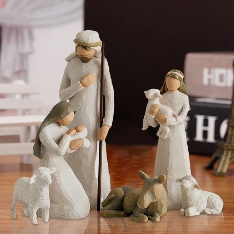 Nativity Figures Statue Set Resin Birthplace Hand Drawn Figure Statues Decoration Anniversary Thanksgiving Christmas Ornaments