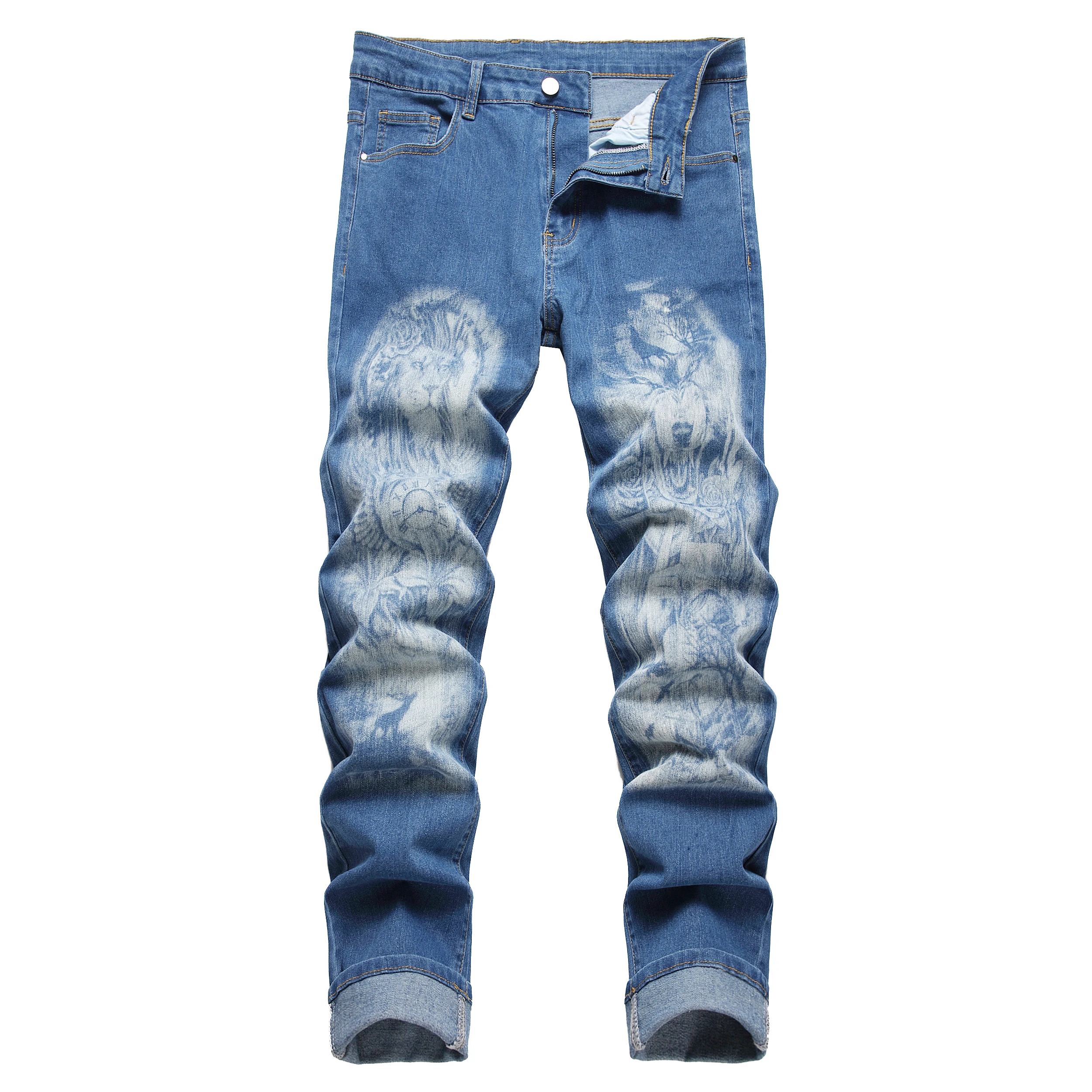 Men's printed pants; Men's printed wolf head pattern jeans; Stretch blue jeans90036