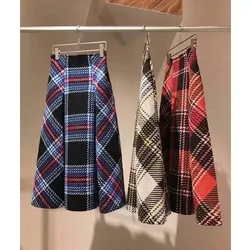 Kuzuwata High Waist Plaid Contrast Color Long Skirt Harajuku Faldas Mujer Moda 2024 JAPAN Autumn Winter Ball Gown Slim Jupe