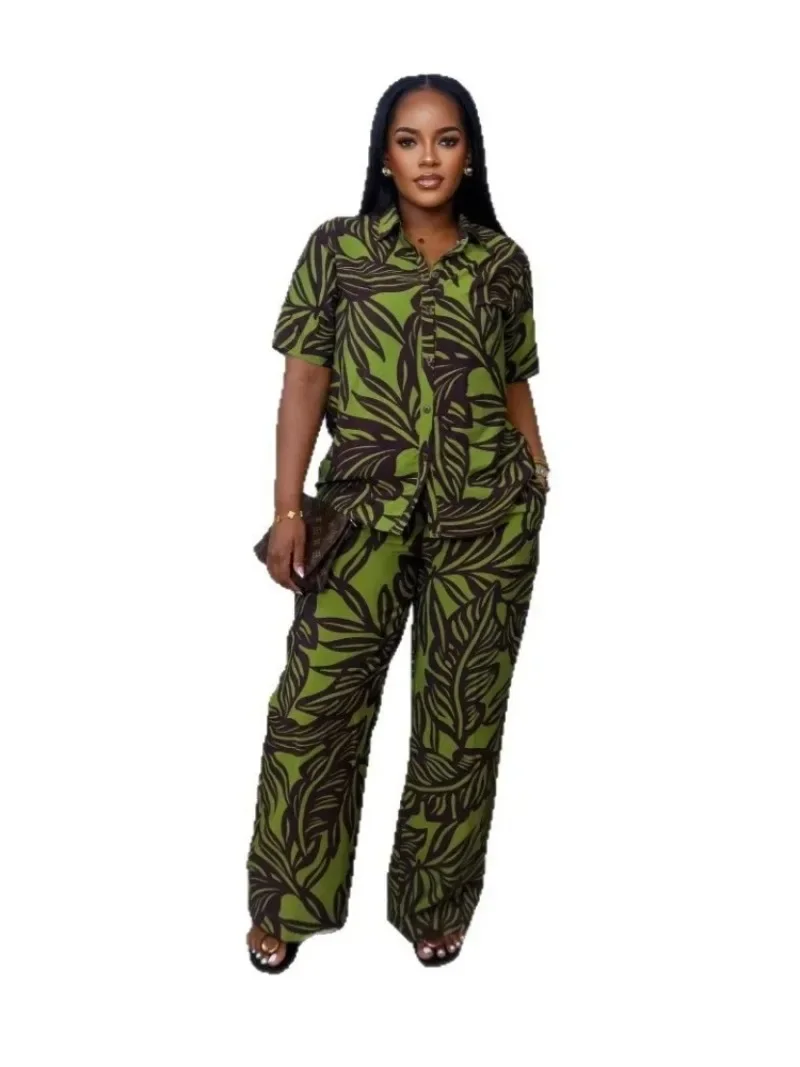 

Two Piece Sets Women Wholesale Printed Short Sleeve Top High Waist Elastic Wide Leg Trousers Suit Matching Suit Summer