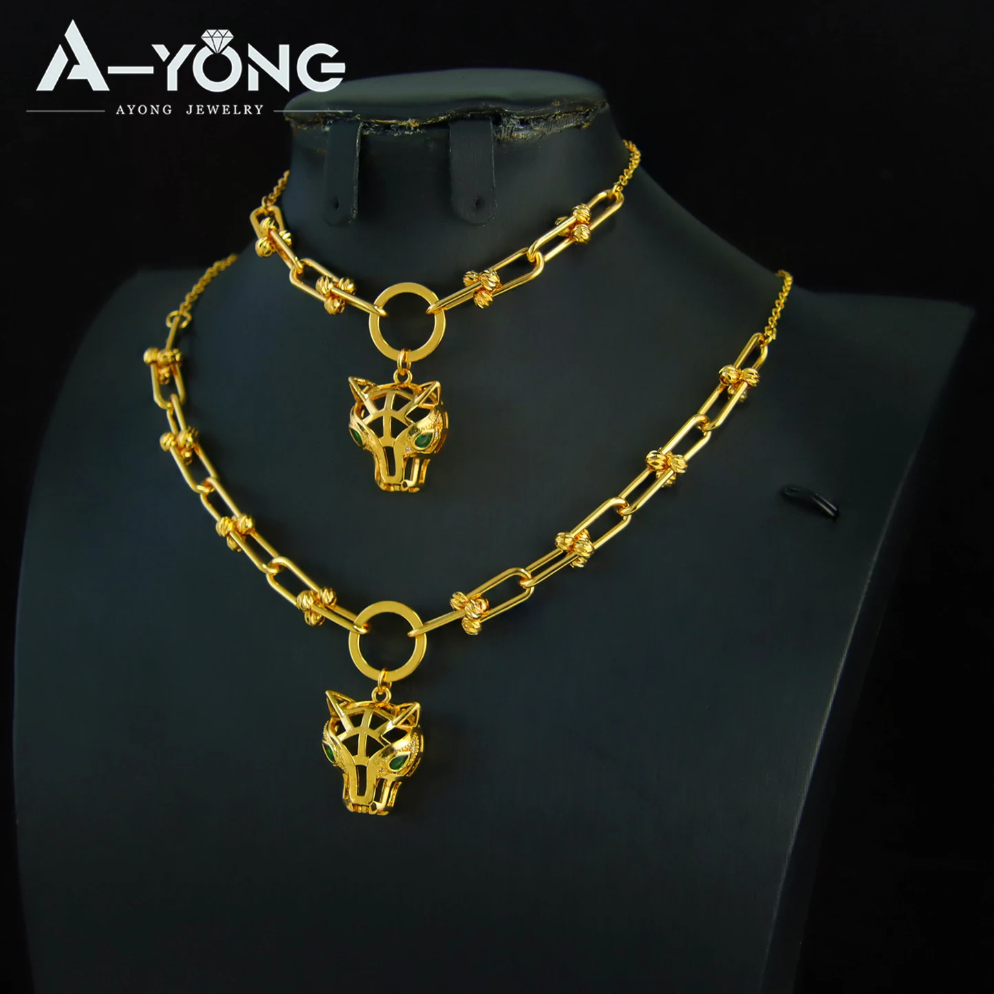 Hochwertiges Schmuckset aus Leoparden-Gold, 21 Karat vergoldet, U-förmiger Zirkonia, Panther-Halskette, Armband, Dubai, Damen-Party-Schmuck, Geschenk – Detail 4