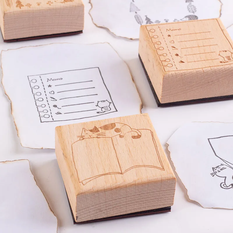 1Pc Vintage Message Frame Series Decoration Wooden Rubber Stamps for Scrapbooking Stationery Diy Craft Cute Cat Standard Seal