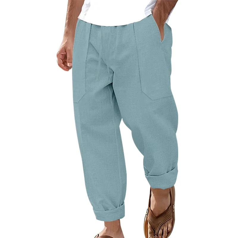 

American cotton and linen men's pants breathable and sweat-absorbing solid color trousers basic casual wide-leg trousers men's