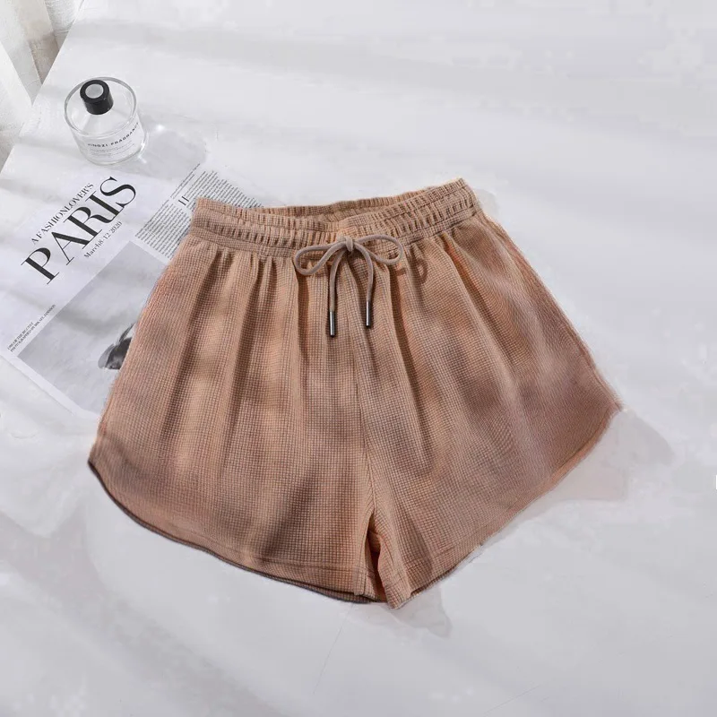 Pantaloncini, completo da migliore amico a vita alta con waffle da donna, sport per studenti, vestibilità ampia, dimagranti, pantaloni casual a gamba larga per la casa