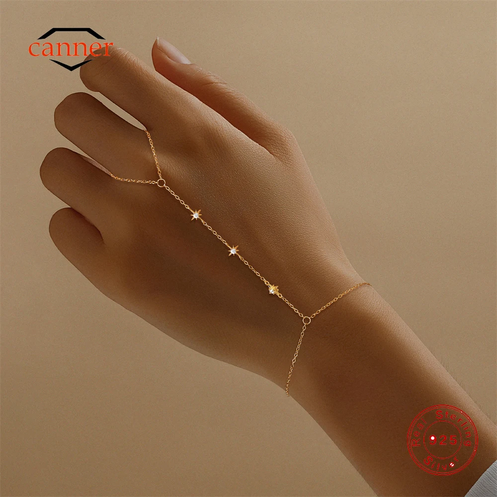 CANNER 925 Sterling Silver Eight-pointed Star CZ Hand Chain Bracelets For Women INS Geometric Finger Bracelets Fine Jewelry Gift