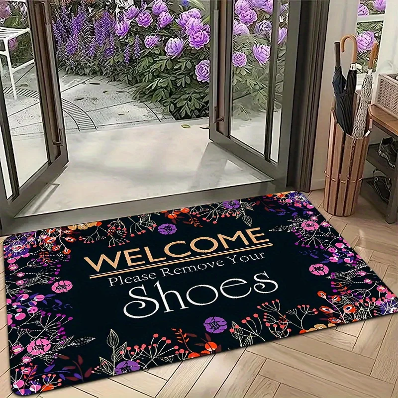 1pc Doorway Welcome Floor Mat, Spring Rustic Style Colorful Beautiful Floral Framed Edge Monogrammed Printed Rug, Non-Slip Pol