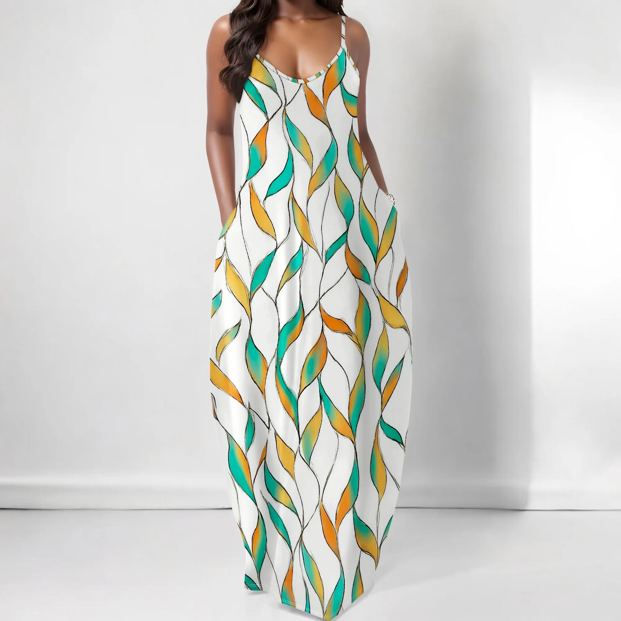 

"Blue Leaf Print Spaghetti Strap Maxi Dress S-3XL, Casual Beach Summer Holiday Outfit, Tropical Resort Sundress"