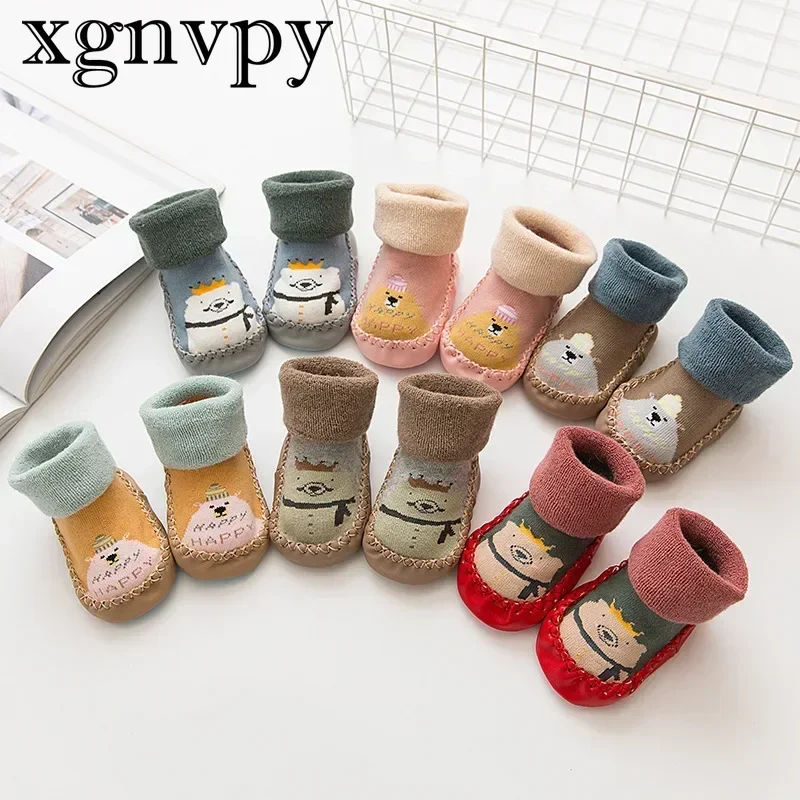 xgnvpy Children's Floor Socks Autumn and Winter Wool Circle Reinforced Soft Sole Non-slip Warm Mid-tube Socks