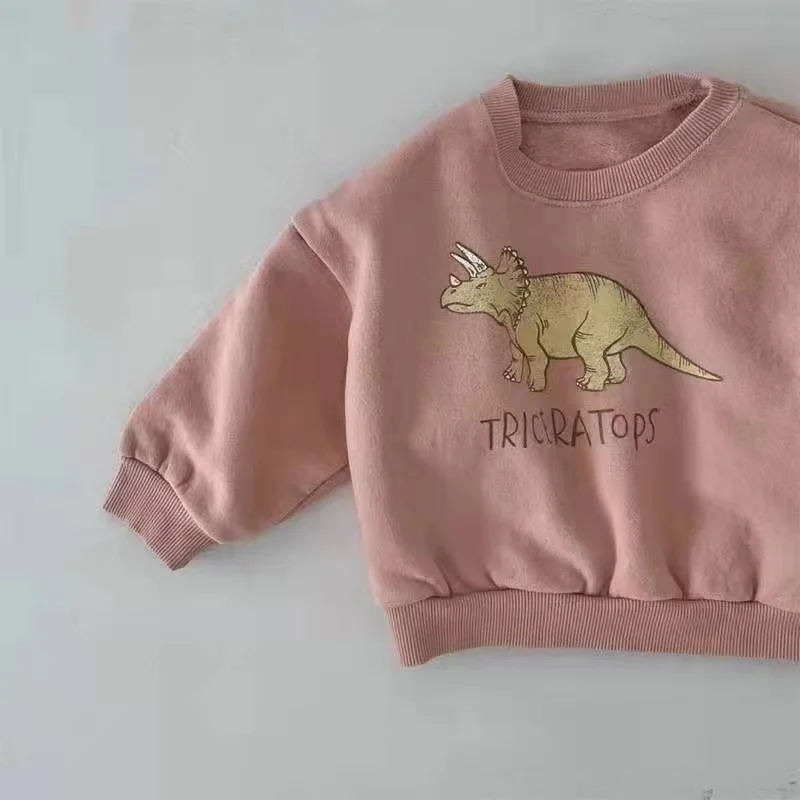 Autumn Spring Kids Baby Boys Girls Hoodies Cool Dinosaur Plus Fleece Children Pullover Comfortable Sweatshirt