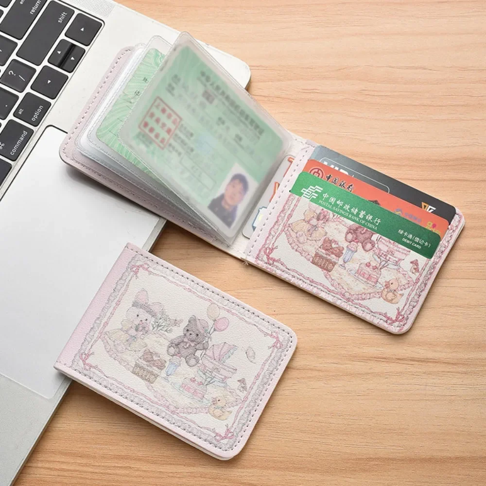 Small Cute Rabbit Bear Print Card Holder Kitten Mini Wallet Multi-Card Holder Card Case Campus Card Work ID Storage Bag