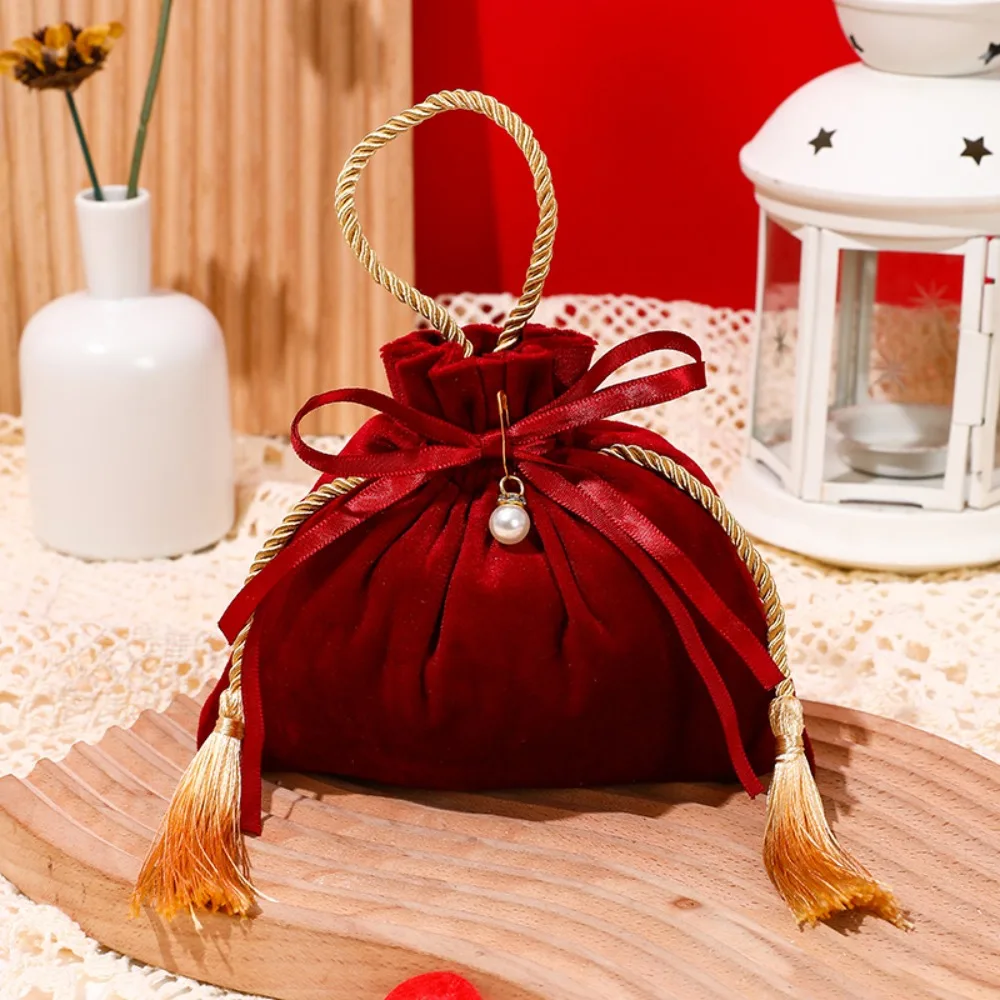 Velvet Sweets Chocolate Packing Bag Red Large Capacity Wedding Candy Packaging Bags Convenient Lifting Drawstring Pouch Handbag