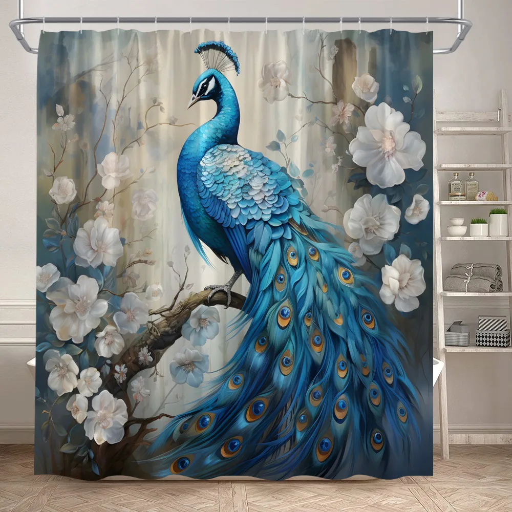 Blue Peacocks Shower Curtains Forest Trees Plants Flowers Waterfall Scenery Polyester Fabric Bathroom Curtain Decor with Hooks