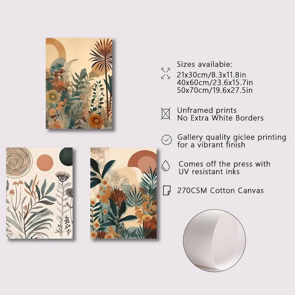 3pcs Canvas Poster Modern Art Boho Floral Posters Century Mid Modern Wall Art Ideal Gift for Bedroom Living Room Corridor Decor
