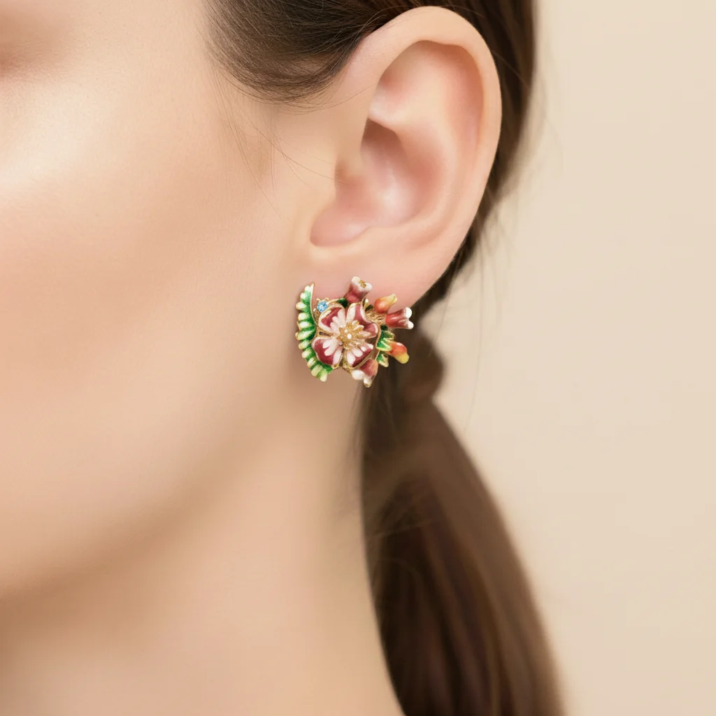 Charming Enamel Floral Cluster Earrings - Cute Colorful Flower Leaf Studs for Girls Women Aesthetic Jewelry Unique Gift Idea