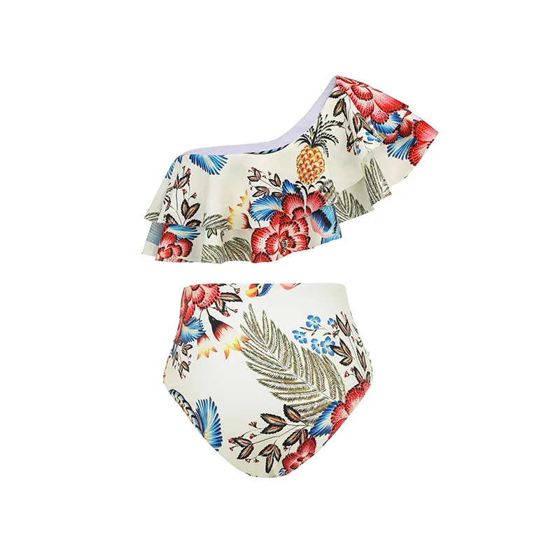 One-piece ชุดว่ายน้ําสตรีชุดว่ายน้ํา Deep V ruffled COLLAR Toucan พิมพ์ชุดบิกินี่ชายหาดสไตล์สวมชุด Maxi กระโปรง
