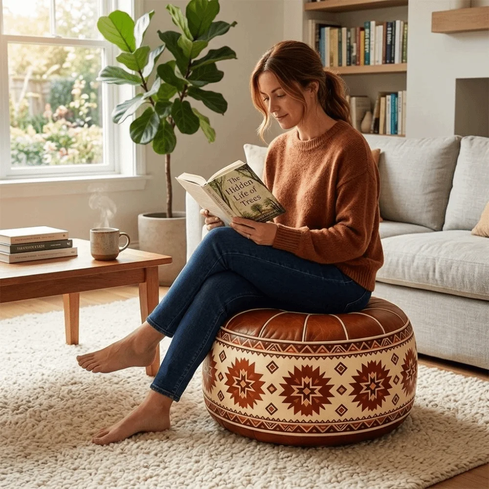 Boho Style Sofa Stool Cover Unstuffed Waterproof Storage Ottoman PU Leather Geometric Pattern Round Footstool Cover Balcony
