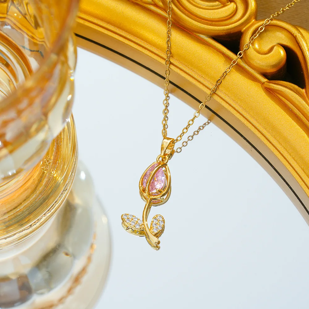 Colorful Zircon Tulip Flower Pendant Necklaces for Women Girls Stainless Steel Chain Trendy Romantic Jewelry Accessories Gifts