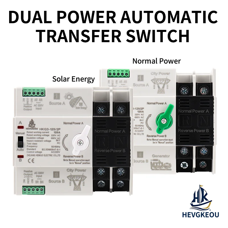 125A 2P Automatic Transfer Switch ATS for Solar PV Inverter Backup Power AC230V Dual Power Changeover Switch DIN Rail