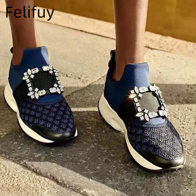 Zapatillas deportivas de malla de aire negra para mujer, zapatos informales con plataforma de fondo grueso y diamantes de imitación, Tenis femeninos, novedad de 2024