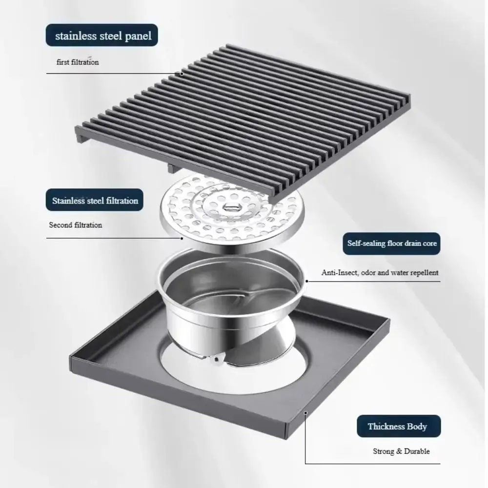 Rust Resistant 304 Stainless Steel Floor Drain Anti Odor Row Design Bath Drain Large Flow Drain Cover Wet Area