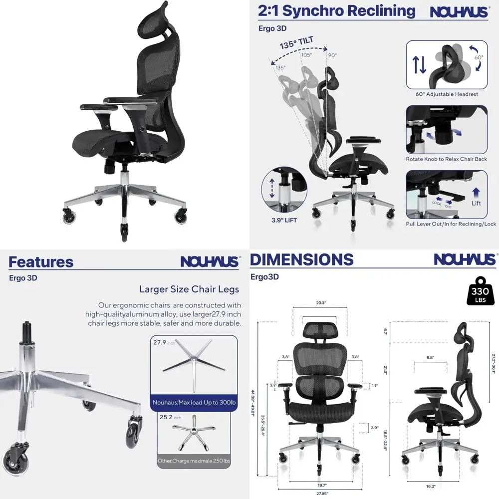 

Ergonomic 3D Lumbar Support Mesh Chair with Adjustable Armrests, Headrest, and Wheels for Office Use