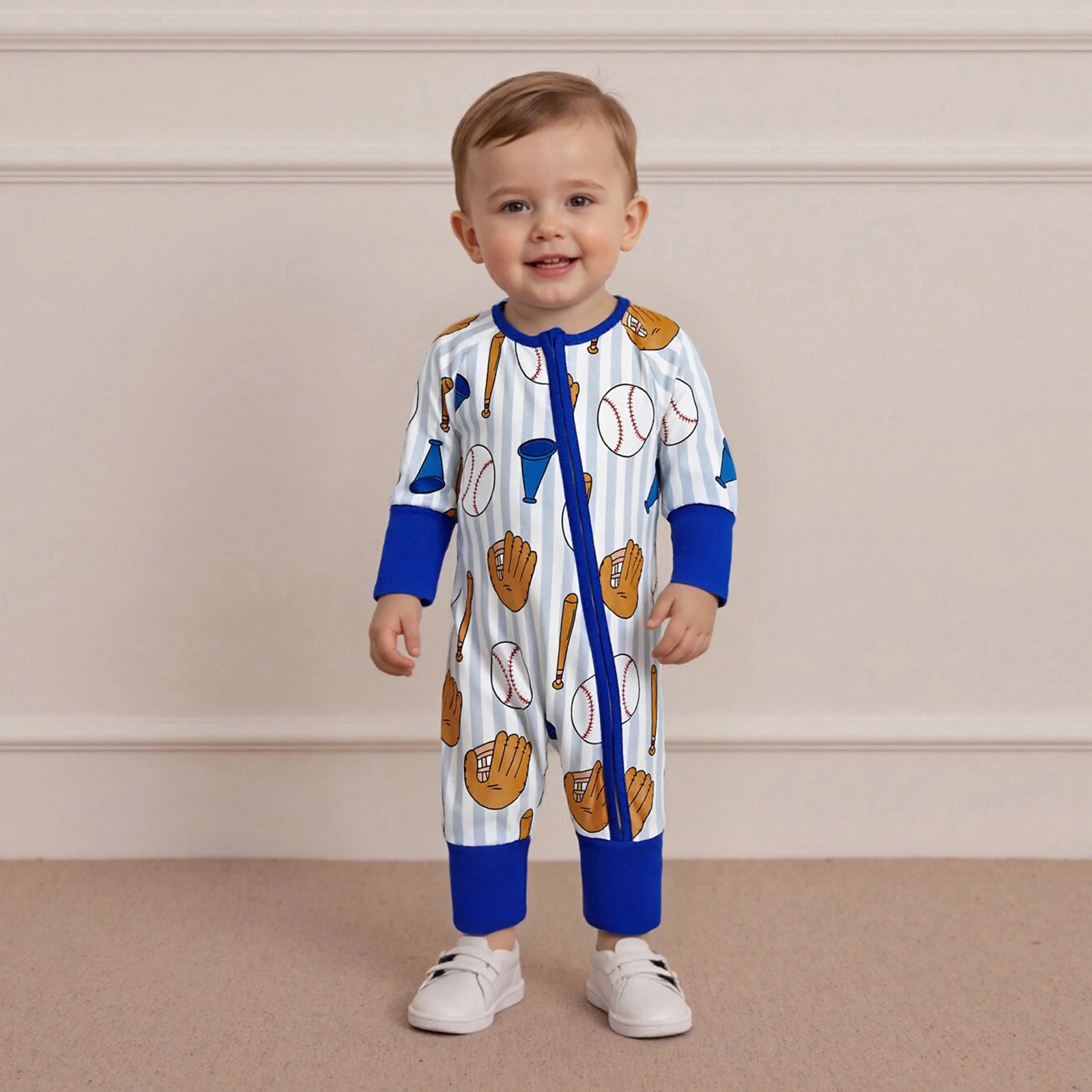 

Baby Clothing Boy Fall Romper Fashionable Baseball Themed Print Long Sleeve Zip Up Full Length Jumpsuit Newborn Clothes