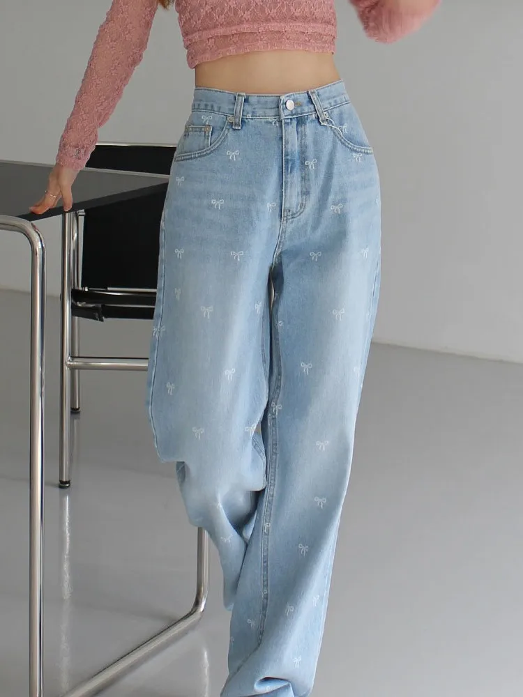 High Waist Spring Edition Women's Jeans Small Polka Dot Loose Design Versatile Long Pants Casual Trendy Wide Leg Jeans