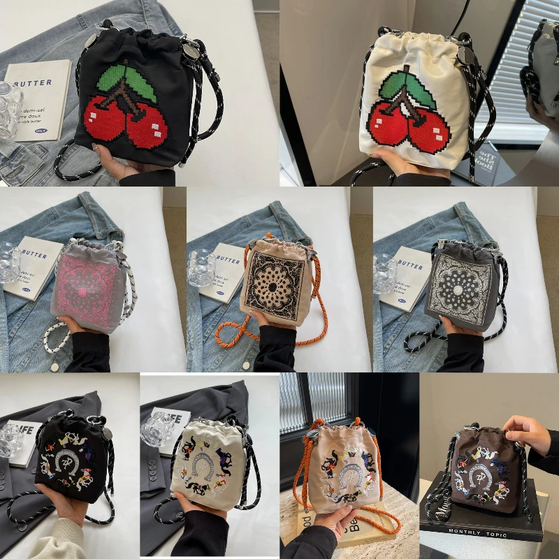 

Minimally Contrasting Color Outdoor Walking Shoulder Crossbody Bag For Women Embroidered Ins Bucket Small Cloth Bag For Girls