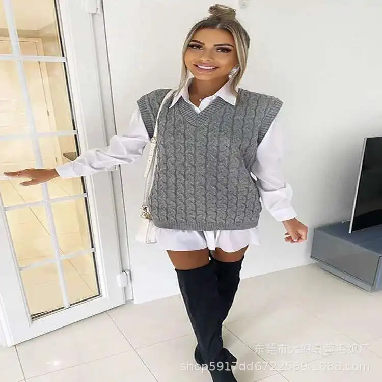 2025秋冬ベストツイストローププルオーバーVネックノースリーブセーター