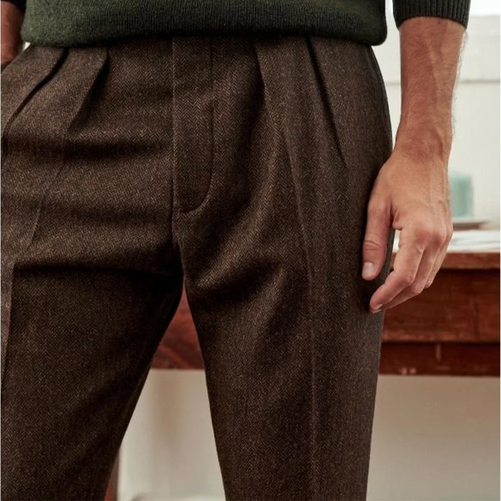 Pantalon en mélange de laine plissé à chevrons pour hommes, effilé, confortable, respirant, décontracté, pour les affaires, tenue de bureau, coupe cintrée