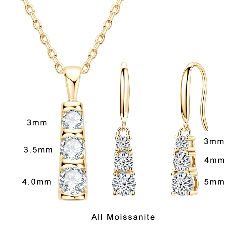 Lnngy Three Stone Moissanite Jewelry Set 925 Sterling Silver Pendant Necklace Dangle Earring For Couples Lovers' Wedding Gift