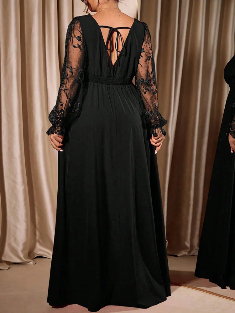 GIBSIE Plus Size Elegant V-Neck Sheer Mesh Sleeve Evening Long Dress Women Autumn Elastic Waist Tie Backless Party Dresses 2026
