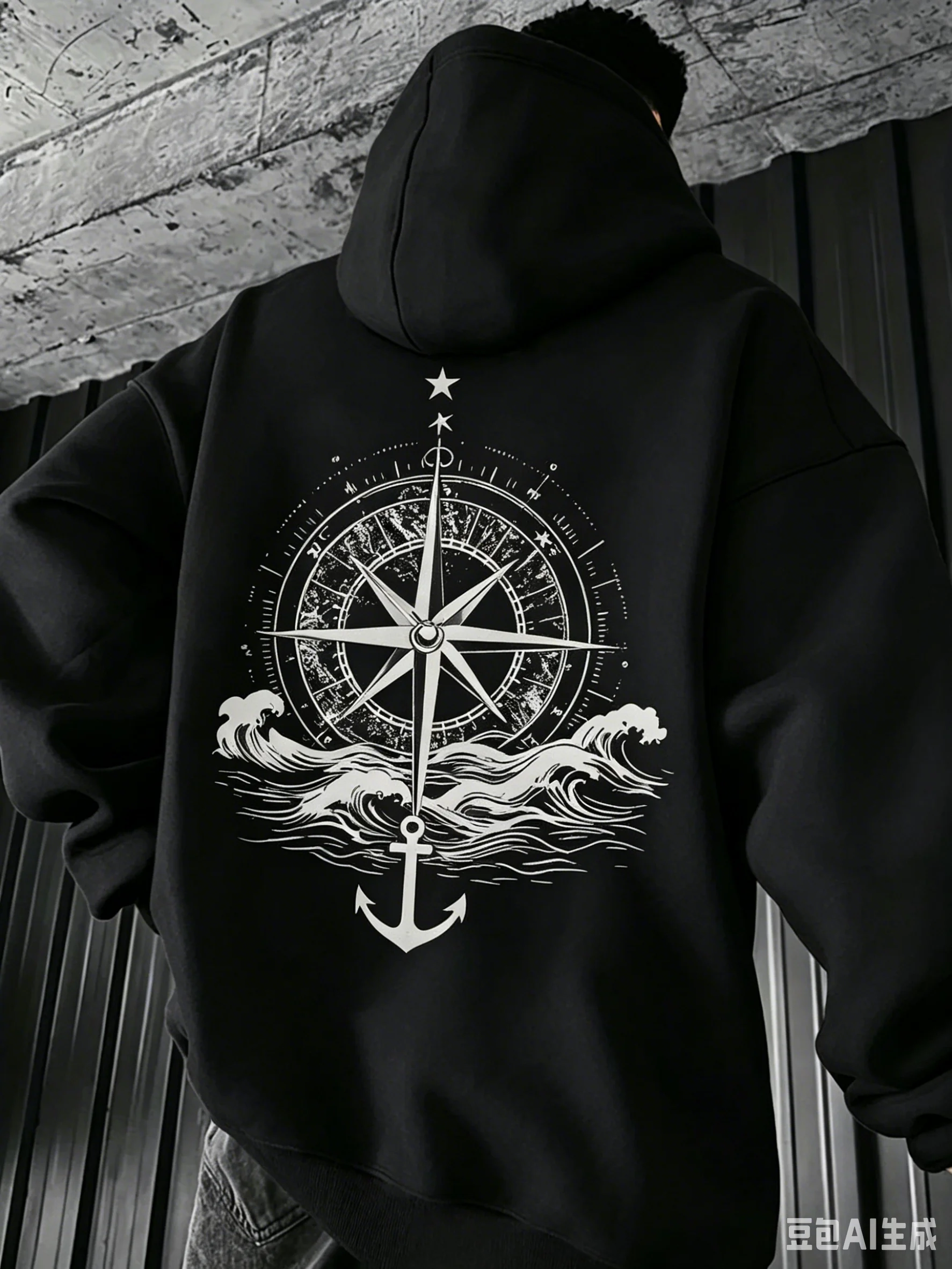 Ocean Wind Men's Hooded Pullover with Collar - Compass Ship Anchor and Wave Print - Casual Long-Sleeved Cap-Placed Shirt
