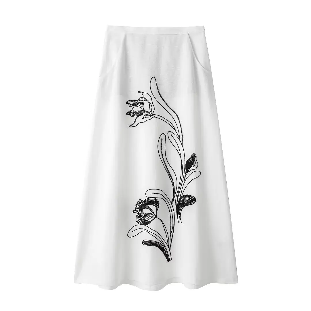 

TRAFZA Woman's Casual Long Skirts White Print High Waist Pockets Embroidery Decorate Zipper Summer Skirts Woman Trendy TRAF