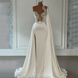 Eightre White One Shoulder Wedding Dresses Mermaid Beading Pearl Dress Boho Satin Side Slit Wedding Evening Prom Gown Customized