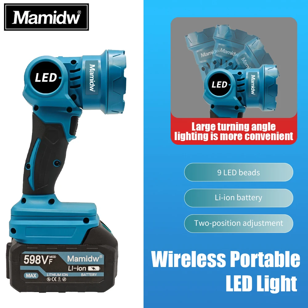 Bezprzewodowa latarka LED Mamidw, ręczny reflektor do użytku na zewnątrz, ładowalna latarnia robocza, kompatybilna z akumulatorem Makita 18V (akumulator nie jest w zestawie).