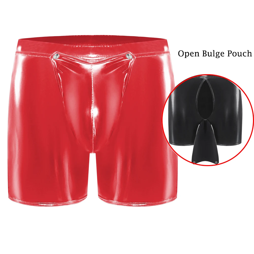 PVC Shiny Boxer Shorts for Men Glossy PU Leather Underwear Buckled Removable Pouch Faux Leather Boxer Trunks Wet Look Man Boxers