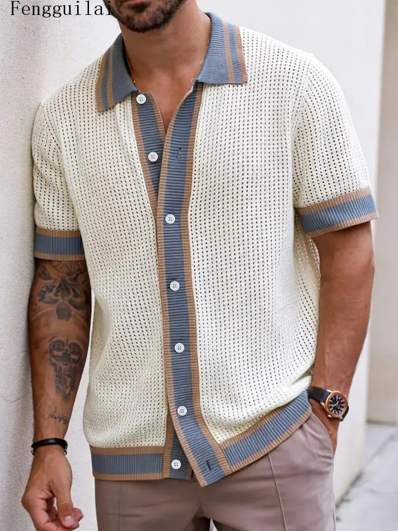 Men Color Block Hollow Knit Polo Shirt Lapel Short Sleeve Button Down Breathable Casual Knitted Open Shirt Summer Top