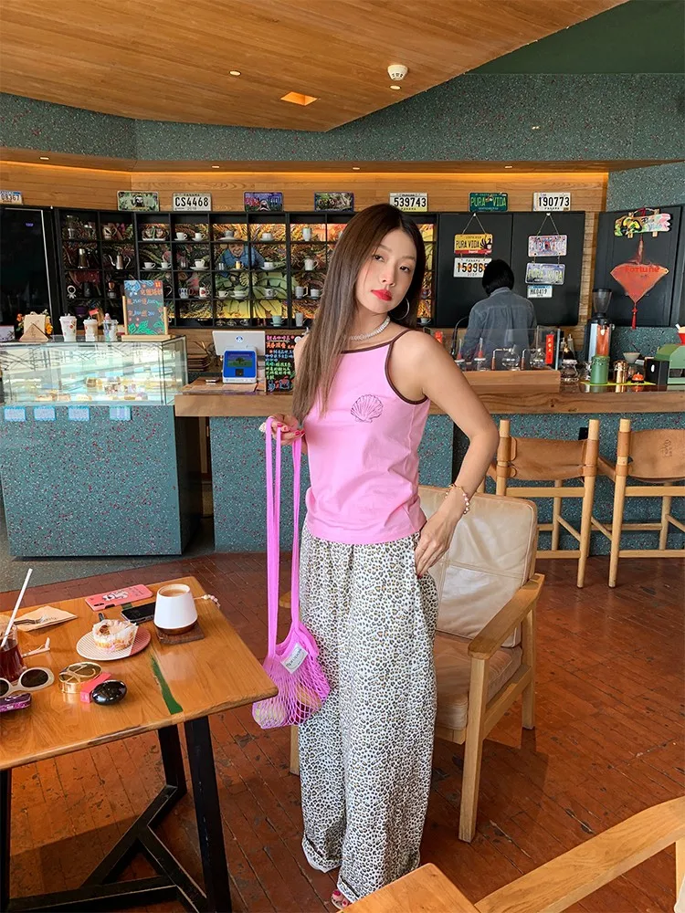 2024 신상 여성 하이웨이스트 와이드 레그 팬츠 루즈핏 밴딩 레오파드 프린트 캐주얼 트라우저 한국 스타일 롱 팬츠