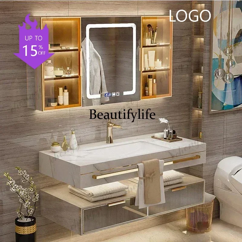 M183 Stock Modern Slate Bathroom Cabinet with Smart Mirror Modern Double Washbasin Bathroom Vanity Mobile Bagno Furnitures Skinc