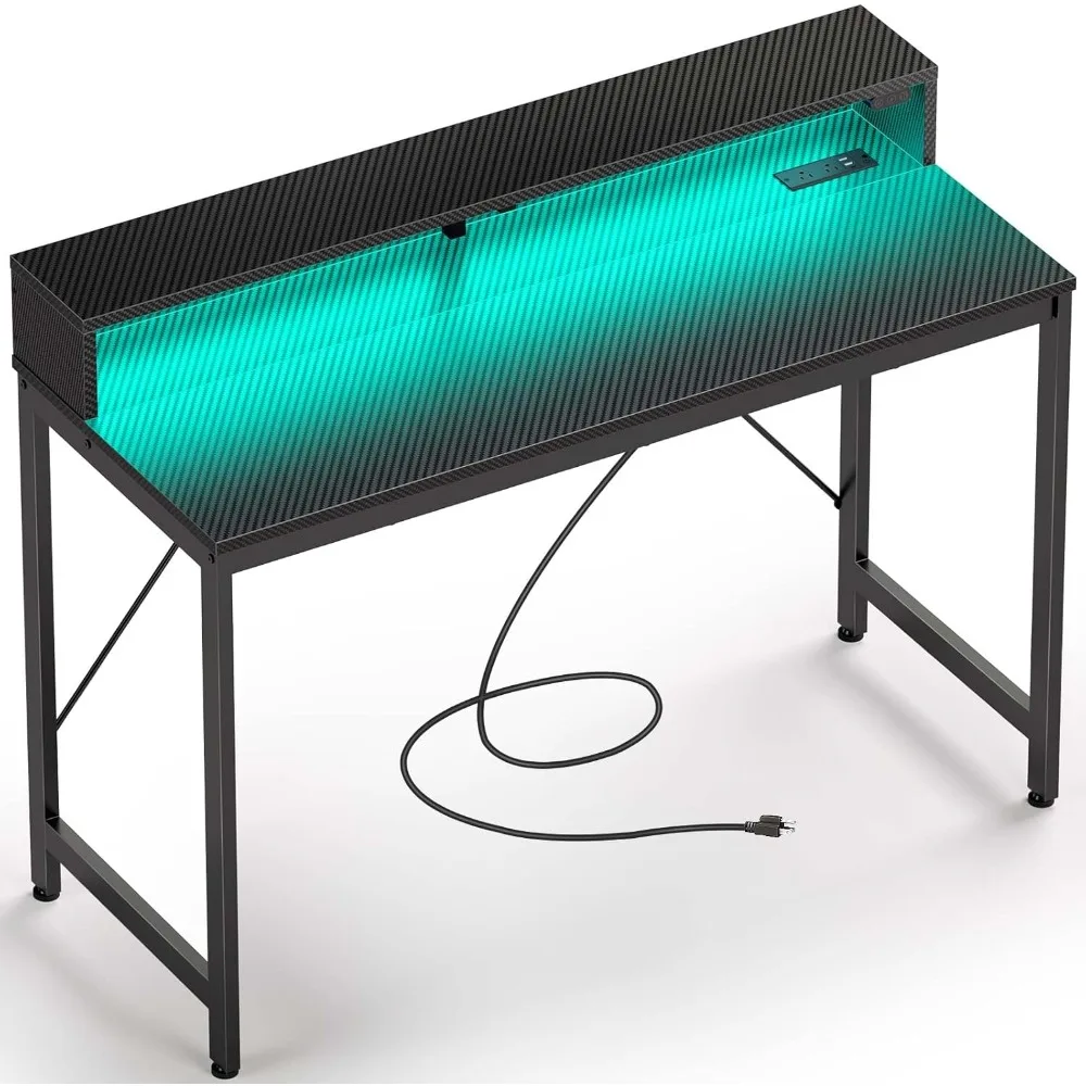 Computer Desk with LED Lights & Power Outlets, Home Office Desks with Monitor Shelf