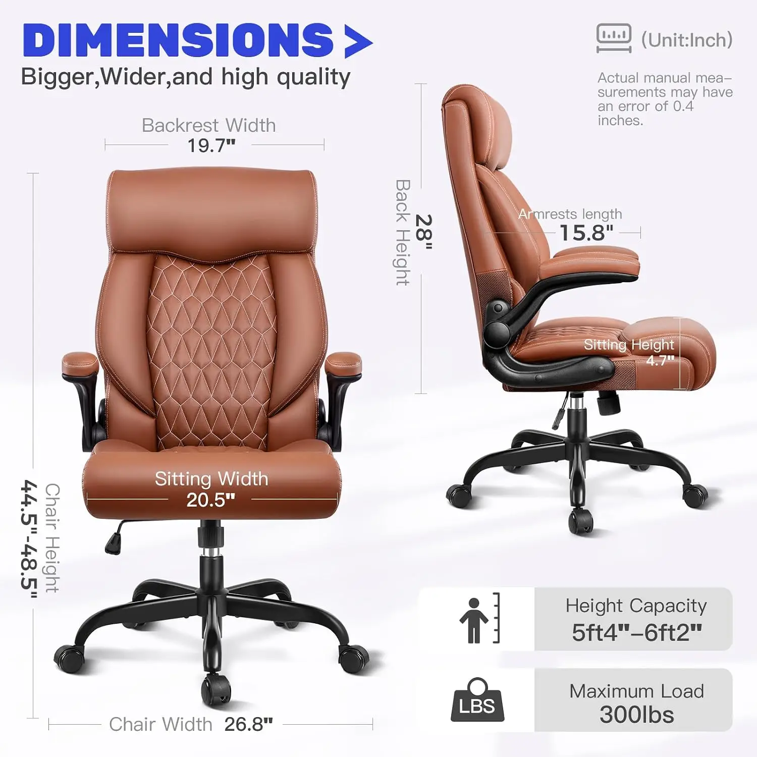 High Back Executive Chair Ergonomic Leather Desk Rocking Adjustable Flip-Up Armrests Lumbar Support, Customized