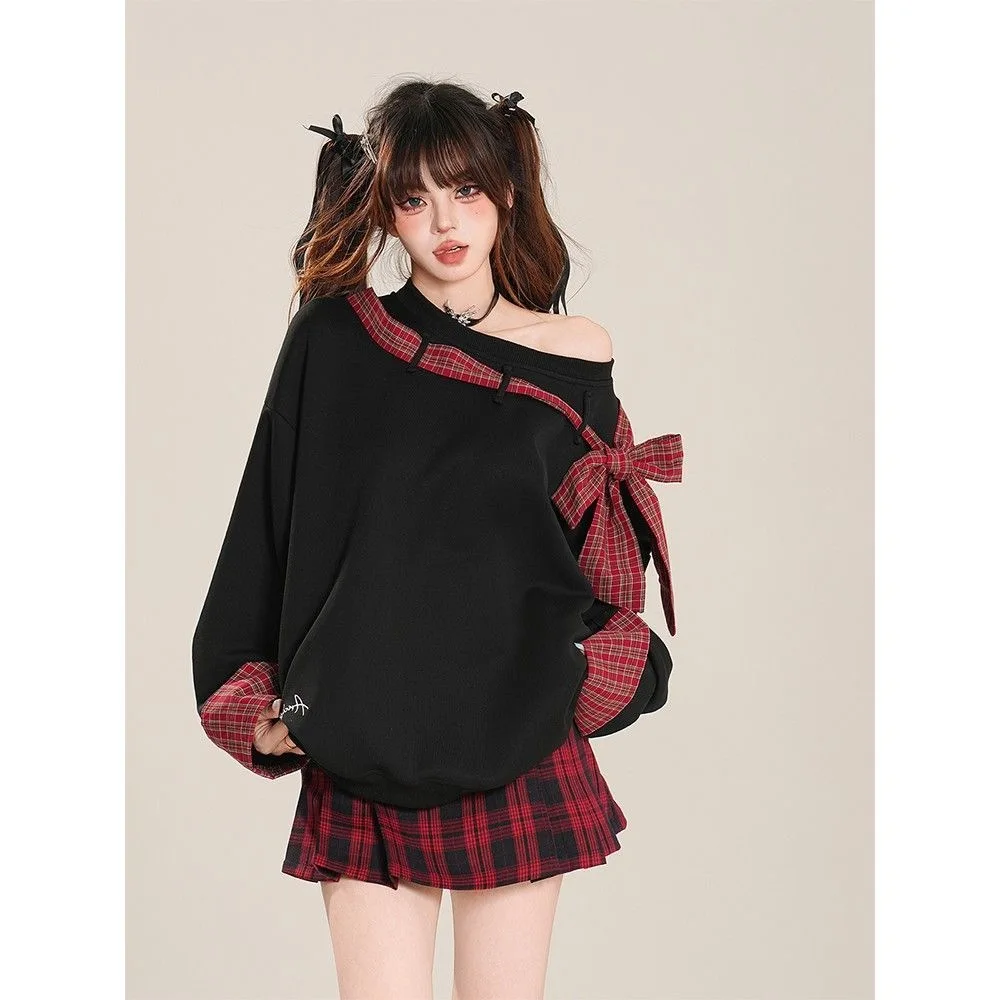 Vendita calda alla moda alla moda, carino, a quadretti, con fiocco legato, spalle scoperte, squisita felpa con cappuccio, vacanze primaverili, due maniche lunghe